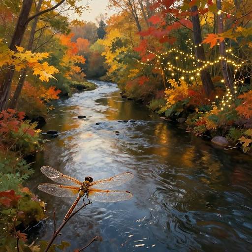 Photograph of a serene autumn forest creek with vibrant orange, red, and yellow leaves, fairy lights, and a delicate dragonfly perched on a