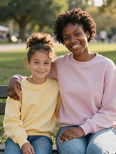 Mother and Daughter Smiling on Park Bench