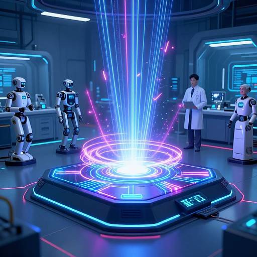 Sci-fi laboratory scene: three robots and a scientist in white coats observe a glowing, neon-blue energy portal on a hexagonal platform.
