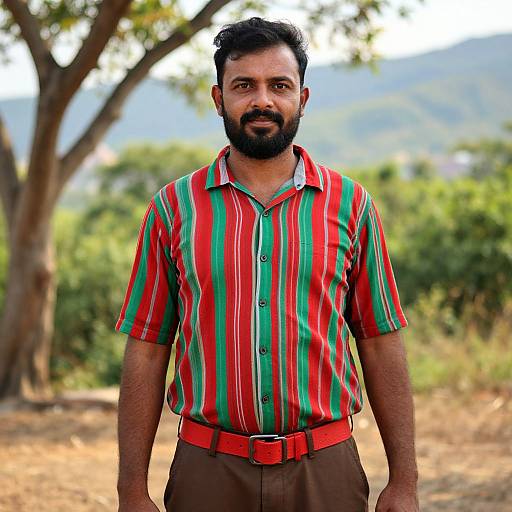 Photograph of a bearded South Asian man with short black hair, wearing a red and green striped shirt and brown pants, standing outdoors with a blurred