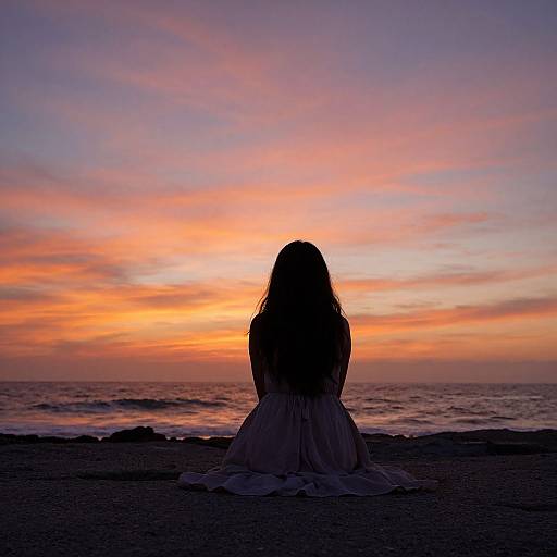 Photograph of a silhouetted woman with long hair, sitting on a beach, facing a vibrant sunset with orange, pink, and purple sky