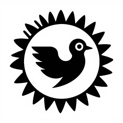 Black and white silhouette of a bird inside a circular saw blade, with spiky teeth radiating outward. Bold, contrasting design.
