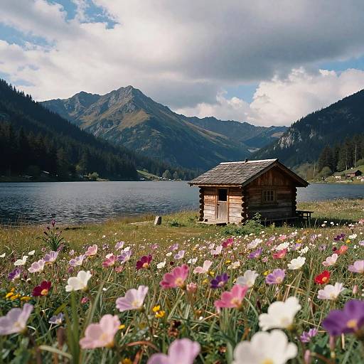 Photograph of a rustic wooden cabin by a serene lake, surrounded by colorful wildflowers, with mountainous landscape and cloudy sky.