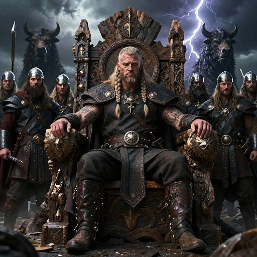 Photorealistic digital art: A muscular, bearded Viking king with braided hair sits on a wooden throne, flanked by armored warriors, under