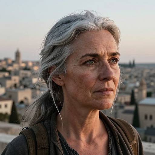Photograph of an older woman with silver hair, wearing a dark shirt, standing on a rooftop with a blurred cityscape background at sunset. Her expression