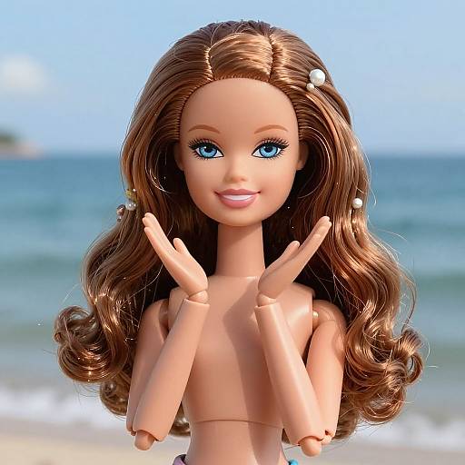 Photograph of a smiling Barbie doll with long brown wavy hair, blue eyes, and white hairpins, making a peace sign gesture on a sunny