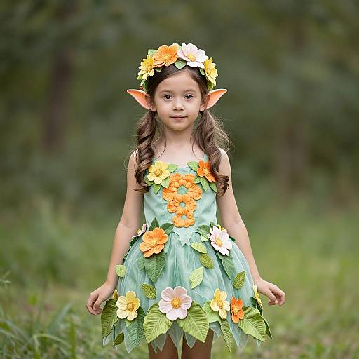 Photograph of a young girl with elf ears, wearing a green floral dress with orange and white flowers, and a matching flower crown, standing in a