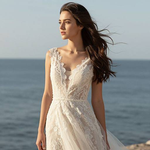 Photograph of a beautiful woman with long dark hair, wearing a white lace wedding dress, standing by the ocean with clear blue sky.