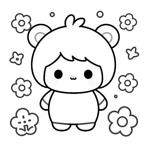 Cute black-and-white cartoon bear with round eyes, small smile, and puffy ears, surrounded by floating cloud-like flowers. Simple, chibi