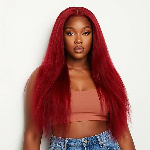 Photograph of a confident Black woman with long, straight red hair, wearing a pink crop top and blue jeans, against a white background.