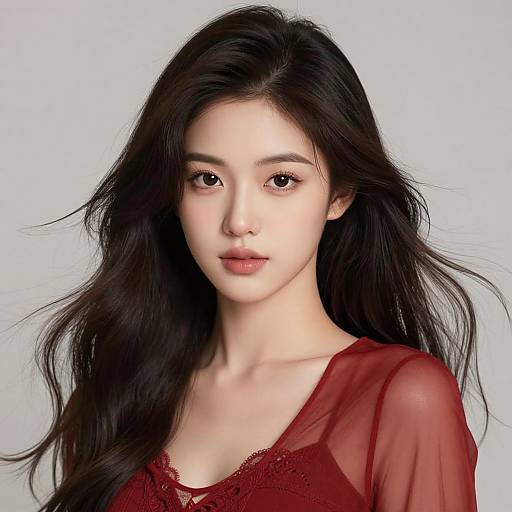 Digital portrait of an East Asian woman with long, wavy black hair, pale skin, and brown eyes, wearing a sheer red top, against a