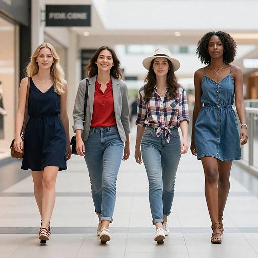 Four Women Strolling in a Modern Mall