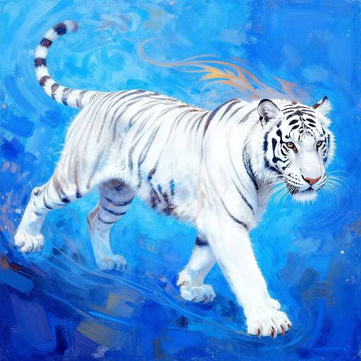Digital painting of a powerful white tiger with black stripes, walking through swirling vibrant blue and orange energy. Bold, dynamic composition.