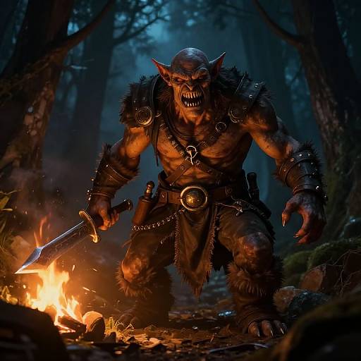 Digital artwork of a muscular, snarling werewolf warrior with sharp teeth, fur armor, and a sword, standing menacingly by a forest camp