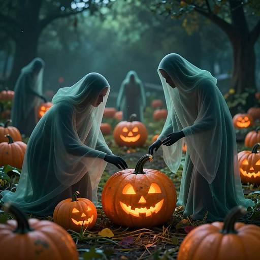 Ghostly Figures in Pumpkin Patch