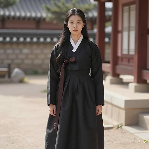 Asian Woman in Traditional Black Hanbok Outdoors