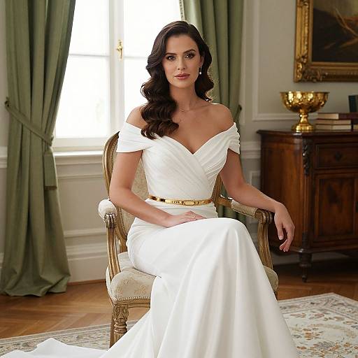Photograph of a beautiful woman with long, wavy black hair, wearing a white off-shoulder wedding dress, seated in an elegant room with