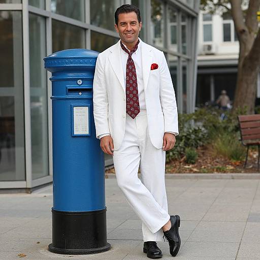 Photograph of a smiling man with short black hair, wearing a white suit, red patterned tie, and black shoes, standing beside a blue British