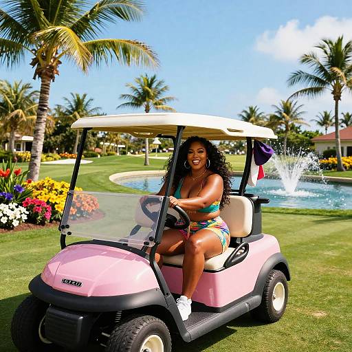 Photograph of a smiling, dark-skinned woman with long curly hair, wearing a colorful bikini, driving a pink golf cart on a sunny, tropical