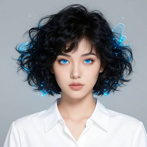 Digital art of a young woman with striking blue eyes, black curly hair, and ethereal blue light accents, wearing a white shirt, against a gray