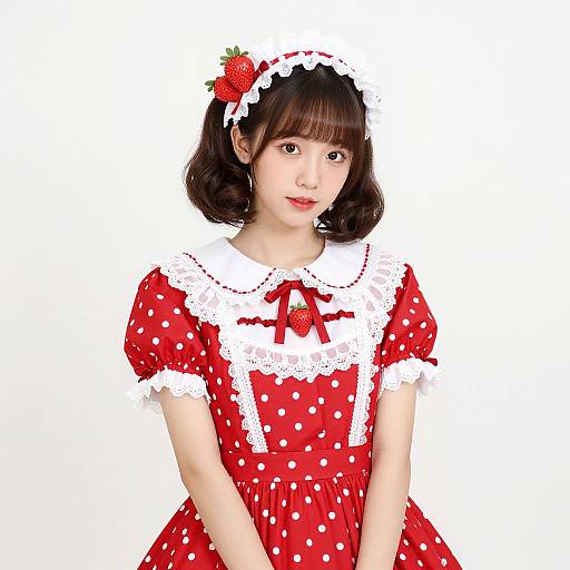 Photograph of an Asian girl with short brown hair, wearing a red polka-dot dress with white lace trim, strawberry hairpin, and red ribbon