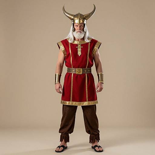 Photograph of a muscular white-bearded man in Roman-style attire, wearing a gold horned helmet, red and gold tunic, brown pants,