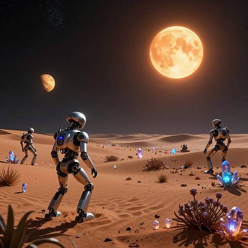 Digital art: Three robotic astronauts in silver suits explore a glowing, crystal-studded desert under a bright orange full moon and a smaller yellow moon.