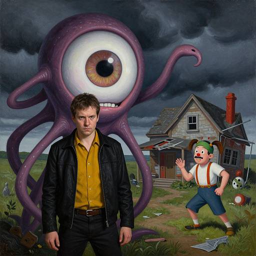 Photograph-style digital art: Tall man in black jacket, yellow shirt, standing before giant purple octopus with one eye; cartoon boy in overalls