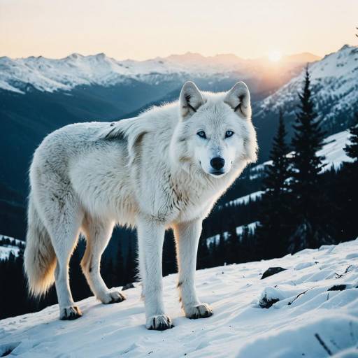 White Wolf in Snowy Mountain Sunset White Wolf in Snowy Mountain Sunset