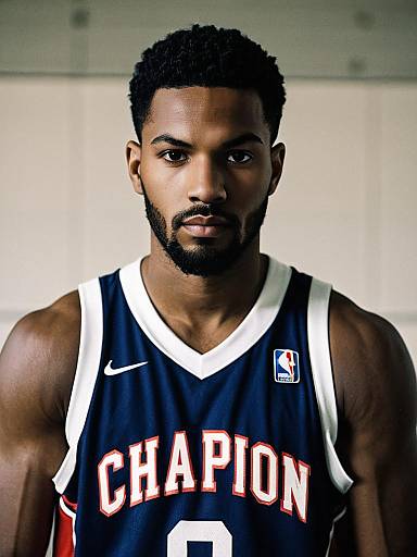 Photograph of a muscular African American man with short curly hair and beard, wearing a black Chicago Bulls basketball jersey, looking serious, against a softly lit