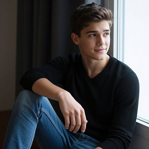Photograph of a young man with short brown hair, fair skin, and blue eyes, sitting by a window in a black sweater and blue jeans,