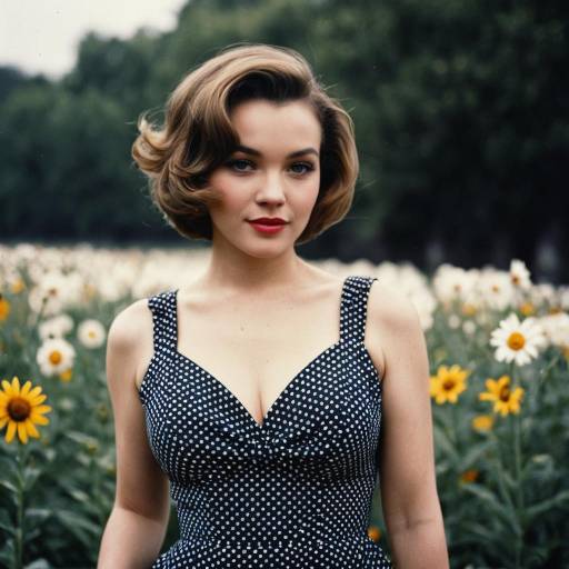 Woman in Polka Dot Dress in Flower Field