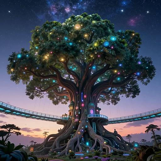 Enchanted tree with glowing lights, intricate branches, and a suspended bridge under a starry, twilight sky in a whimsical digital art style.
