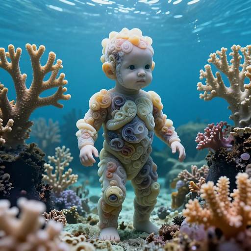 Photograph of a doll with swirling, colored plastic coils, standing underwater among vibrant coral reefs with sunlight filtering through.