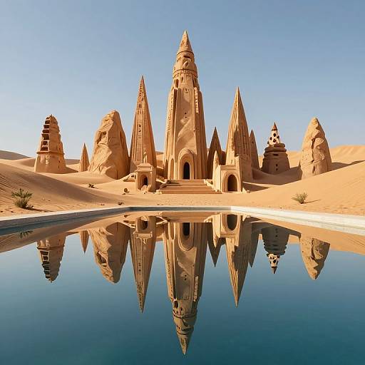 Photograph of a surreal, desert temple complex with tall, conical stone spires reflecting in a still, clear water pool under a clear blue sky