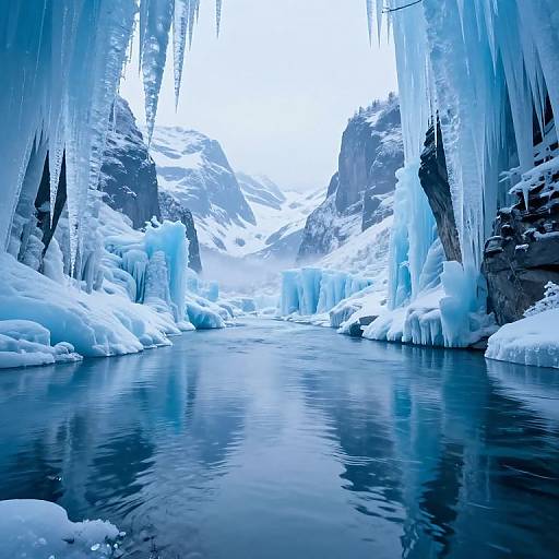 Photograph of a serene icy cave with towering ice formations, blue hues, and still, reflective water at the cave's center.