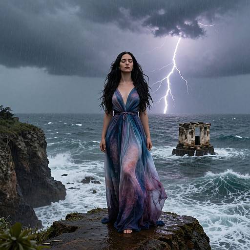 Photograph-like digital art of a long-haired woman in a flowing, multicolored gown standing on a rocky cliff during a stormy sea, with