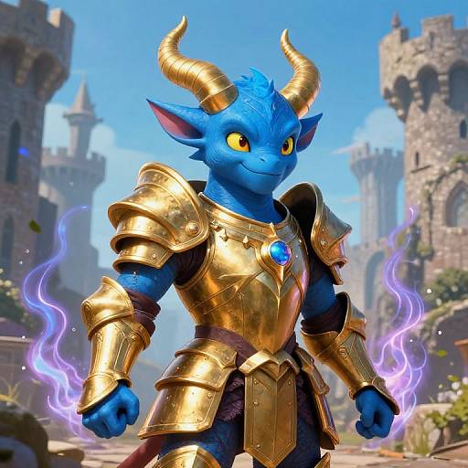 CGI image of a blue, horned, dragon-like warrior with yellow eyes, wearing gold armor, and glowing purple energy on hands, set in
