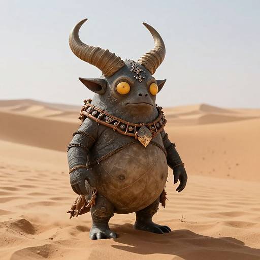 CGI image of a small, black, horned, humanoid creature with glowing yellow eyes and ornate jewelry, standing in a sandy desert.