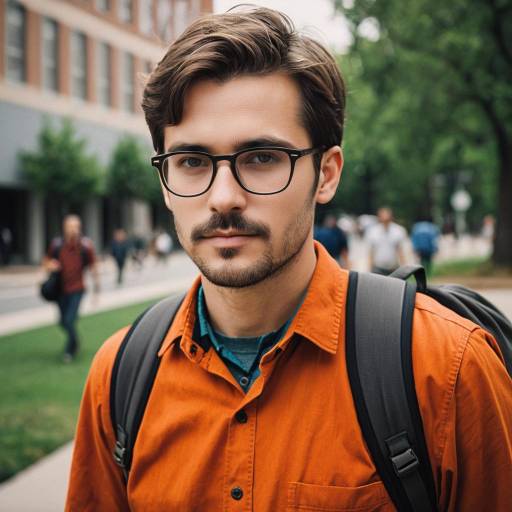 Young Man in Orange Shirt with Backpack Outdoors