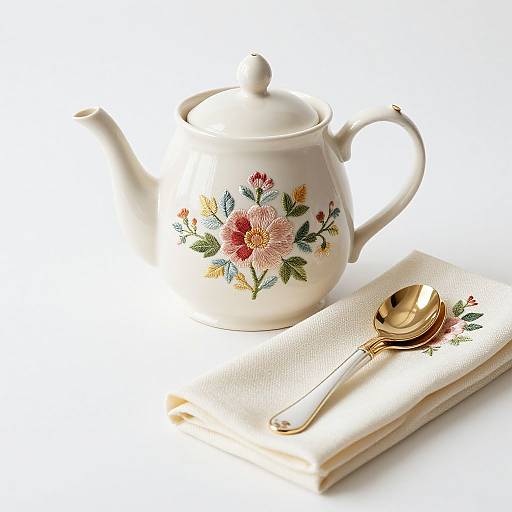 Photograph of a white floral teapot with pink and yellow flowers, gold spoon, and cream-colored napkin on a white background.