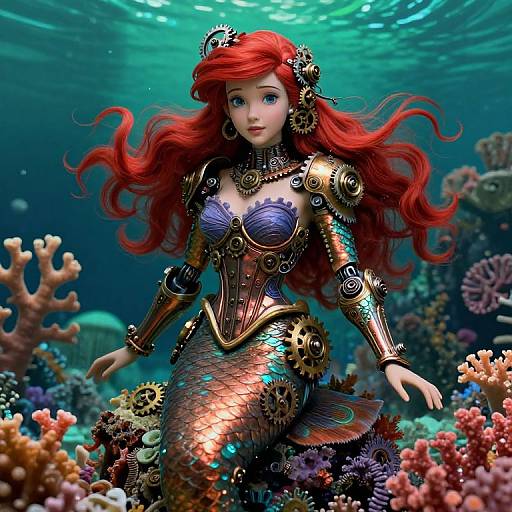 Digital artwork of a red-haired mermaid with intricate golden armor, vibrant scales, and blue seashell breasts, surrounded by colorful coral reefs underwater.