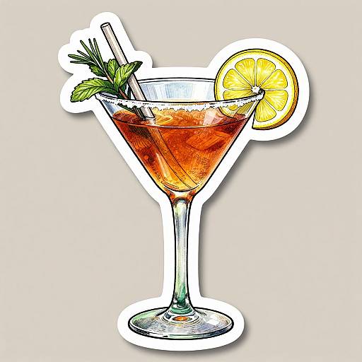 Illustrated cocktail in a martini glass with orange drink, lemon slice, sprig of mint, and two straws on white background.