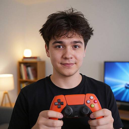 Young man with messy black hair and fair skin holds an orange and black video game controller, smiling slightly in a softly lit living room.