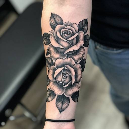 Black-and-gray tattoo of two detailed roses with leaves on a forearm, showcasing realistic shading and texture, photographed in a tattoo studio.