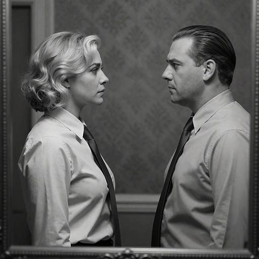 Black and White Portrait of Man and Woman Facing Each Other