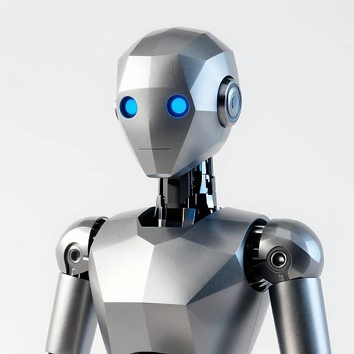 Photorealistic CGI of a sleek, silver humanoid robot with blue glowing eyes, geometric features, and polished metal joints against a white background.
