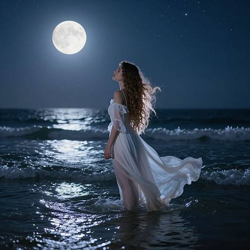 Photograph of a woman with long curly hair, in a flowing white dress, standing in moonlit ocean waves, gazing at a bright full moon