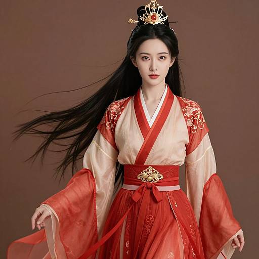 Digital portrait of an East Asian woman in traditional red and cream Korean hanbok with gold embroidery, long black hair, and a floral crown, standing