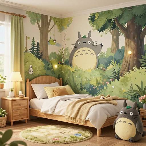 Whimsical children's bedroom with Totoro-themed forest mural, wooden bed, green curtains, potted plants, and plush Totoro toys